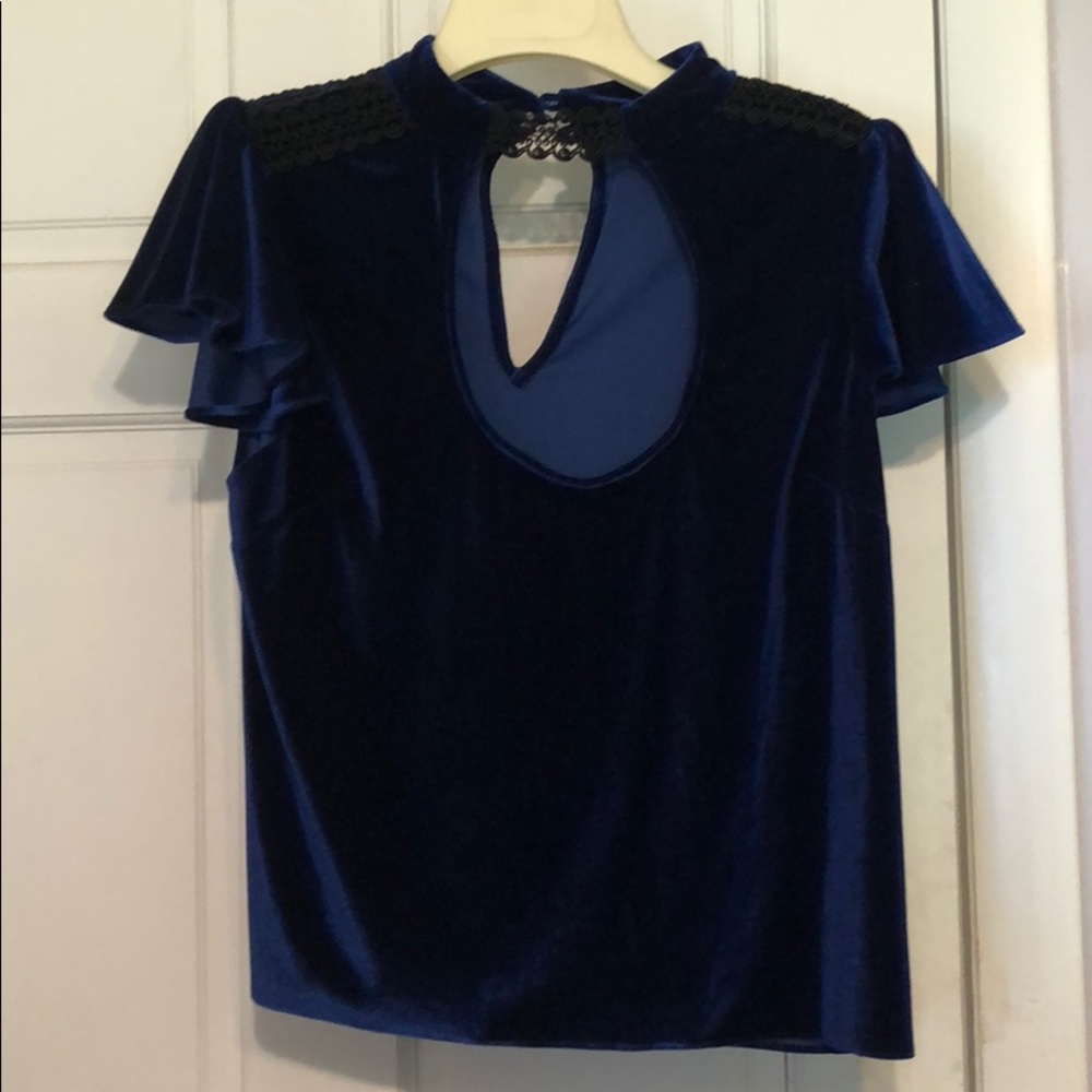 Navy blue velour Devlin blouse with lace trim